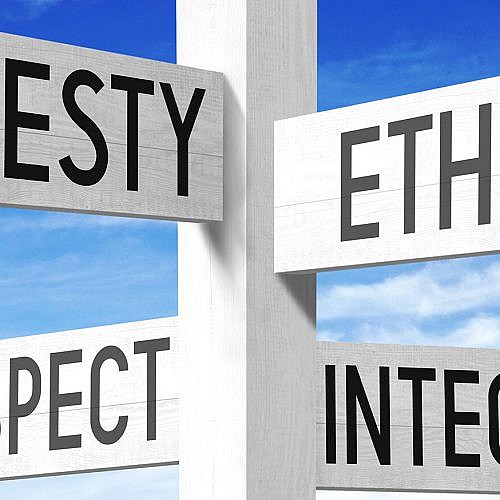 Business ethics - wooden signpost